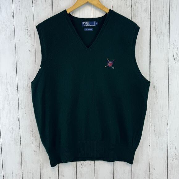 VTG Polo Ralph Lauren Green Golf Crest V-neck Lambswool Sweater Vest Size XL - Picture 1 of 12